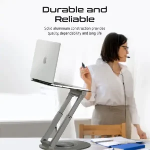 قاعدة لابتوب Promate DeskMate-6 بارتفاع قابل للتعديل حتى 35 سم، دوران 360 درجة، تبريد هواء، تصميم أنيق ومتين، تدعم حتى 17 إنش
