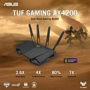 راوتر Asus TUF Gaming AX4200 أنيق باللون الأسود، مزود بأربع هوائيات خارجية، منفذ 2.5 Gbps، ومصمم لتحمّل وثبات أداء الألعاب.