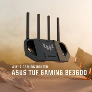 راوتر ألعاب Asus TUF Gaming BE3600 بتصميم عصري، يدعم Wi-Fi 7 بتغطية مزدوجة النطاق، منفذ 2.5 Gbps، وأربعة هوائيات خارجية.