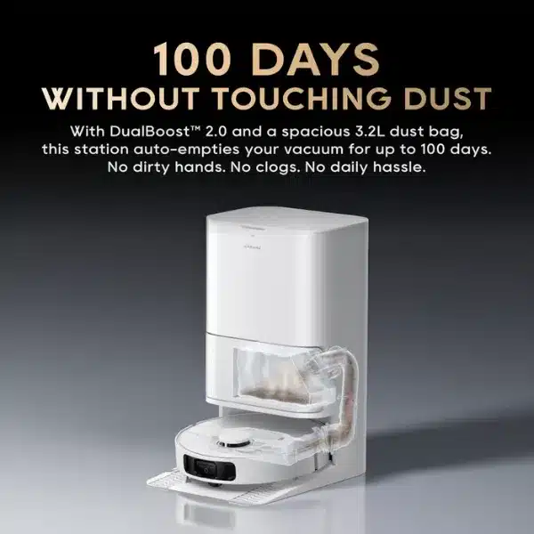 مكنسة روبوت دريمي d20 ultra بقوة شفط 13,000 باسكال مع نظام مسح ثنائي وقاعدة ذكية 4 في 1