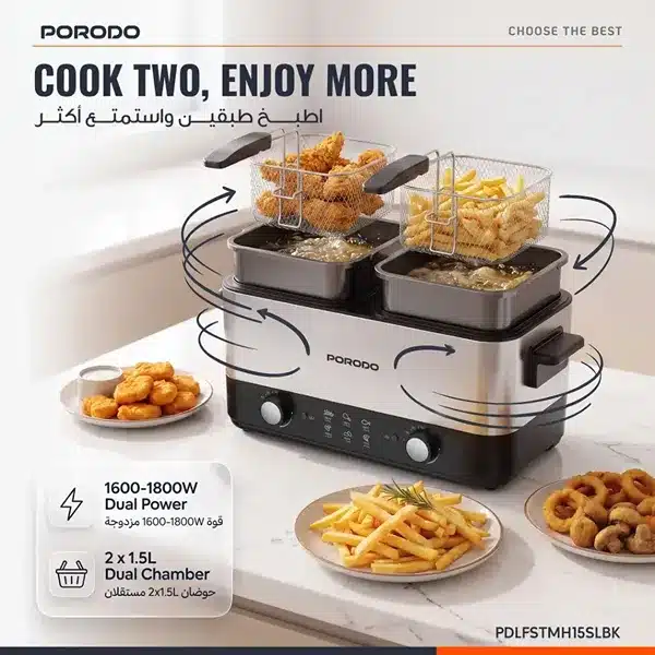 Porodo Lifestyle Dual Crispo Dual Basket Electric Deep Fryer with Manual Heat Control 4